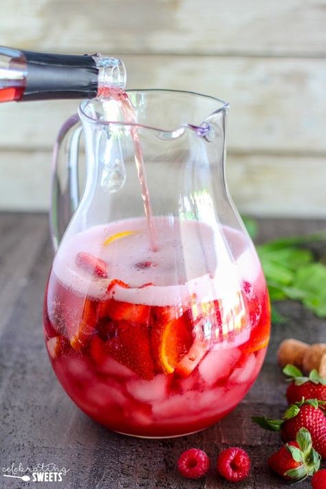 Pitcher of strawberry sangria. Sangria With Brandy, Brandy Sangria, Big Batch Cocktails, Sangria Bottle, Prohibition Style, Strawberry Beer, Easy Sangria, Watermelon Sangria, Strawberry Sangria