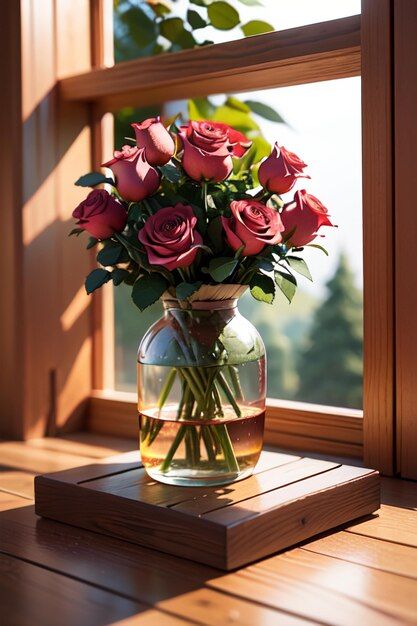 A vase of roses sits on a window sill wi... | Premium Photo #Freepik #photo #arrangement #vases #vignette #floral-arrangement Flowers On Window Sill, Flowers In Glass Vase, Watercolor Reference, Vase Of Roses, Roses In A Vase, Photo Arrangement, Window Reflection, Mountain Background, Painting Reference