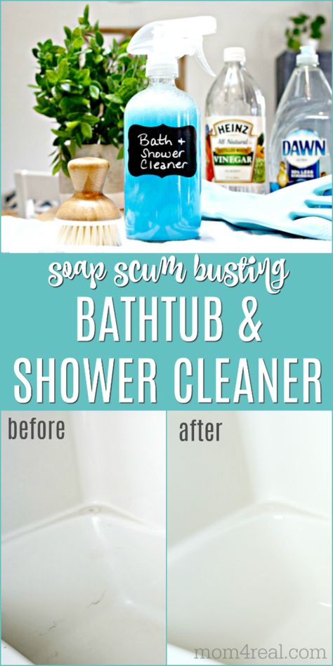 Cleaning the bathtub and shower may be one of my least favorite tasks, but this 2 ingredient tub and shower cleaner literally makes it so much easier. This tough cleaning mixture cuts through soap scum quicker and easier than any store bought cleaner I've ever used and is made with non-toxic ingredients! Tub And Shower Cleaner, Soap Scum Cleaner, Homemade Bathroom Cleaner, Daily Shower Cleaner, Homemade Shower Cleaner, Homemade Cleaning Recipes, Vinegar Cleaner, Bathtub Cleaner, Homemade Cleaning Supplies