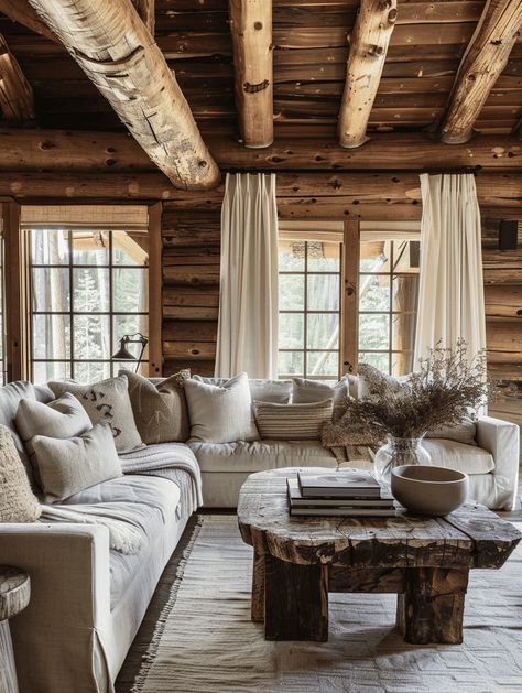 Rustic Log Cabins: Plush Sectionals and Rustic Coffee Table Design Rustic Cabin Living Room Furniture, Whitewash Log Cabin Interior, Dark Cabin Living Room, Lake Cabin Interiors Living Room, Log Cabin Family Room, Log House Interior Design, Log Cabin Curtain Ideas, Bright Log Cabin Interior, Modern Log Cabin Interior Design