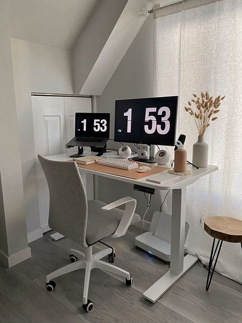 White Desk Setup Work Spaces, Wfh Monitor Setup, Desk Setup Clean, Work From Home Desk Setup Living Room, Ergonomic Desk Setup At Home, Clean Desk Setup Aesthetic, Work From Home Set Up Dual Monitor, Classy Desk Setup, Sit Stand Desk Setup