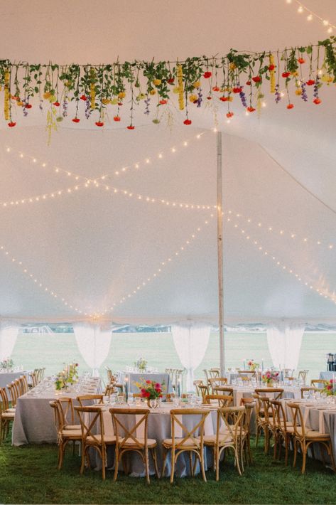 Spring Tent Wedding Receptions, Wedding Ideas Inside Receptions, Wildflower Wedding Ceiling, Hanging Florals Wedding Tent, Tent Wedding Flowers, Wedding Tent Flower Ceiling, Outdoor Colorful Wedding, Summer Marquee Wedding, Spring Garden Wedding Reception