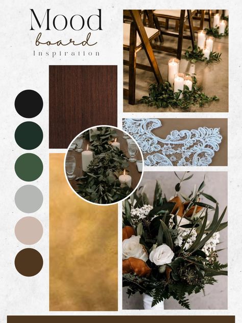 Olive Green Black Gold Wedding, Green Brown Black Wedding, Black White Green Tan Wedding, Romantic Woodsy Wedding, Black White Green Copper Wedding, Green And Brown Mood Board, Forest Green And Brown Wedding, Dark Green And Copper Wedding, Dark Green And Brown Wedding