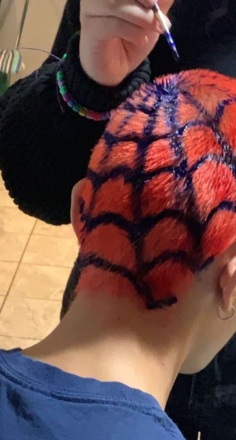 #spidermanhair #buzzcutideas #spidermannwh #hair #buzzcut #Spiderman #spiderweb #redhair Buzzcut Pattern Dye, Spiderweb Buzzcut, Spiderman Haircut, Red Buzzcut, Buzzcut Hair Dye Art, Undercut Art, Buzz Cut Hair Dye Designs, Buzzcut Dyed Hair, Buzzcut Designs