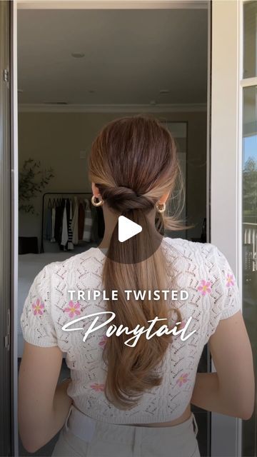 Nichole Ciotti on Instagram: "Triple Twisted Ponytail 💛  Create three equal low ponytails and secure each of them with a clear elastic. On one of the outside ponytails, create an opening above the elastic and flip the ponytail through it. Insert your thumb and index finger through the opening from the bottom. Wrap it over the middle ponytail. Gently pull the outside of both ponytails to tighten. Repeat on the other outside ponytail. I love this hack for upgrading a basic ponytail!   #hair #hairtutorial #updo #hairstyles" How To Wrap Hair Around Ponytail, 3 Ponytail Hairstyle, Crossover Ponytail, Pony Hairstyles For Short Hair, Easy Ponytail Hairstyles For Long Hair, Ponytail Ideas For Short Hair, Ponytail Tricks, Low Ponytail Wedding Hair, Middle Ponytail