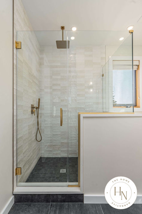 Master Shower Half Glass Wall, Half Wall Bathroom Shower Layout, Tile Shower With Glass Wall, Pony Walls In Bathrooms, Tiled Shower With Half Wall, Shower With A Pony Wall, Bathtub With Pony Wall, Shower Half Wall Next To Vanity, Shower Knee Wall Ideas