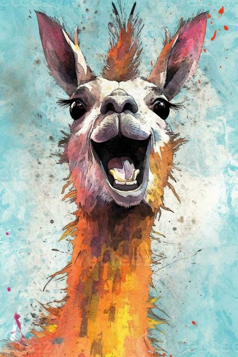 there is a painting of a llama with a very big smile. generative ai. Cute Llama Drawing, Lama Painting, Llama Watercolor, Llama Images, Llama Drawing, Watercolor Lesson, Llama Painting, Vector Snowflake, Llama Arts