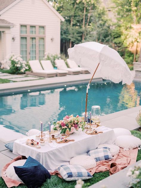 Kara's Party Ideas Poolside Picnic Party | Kara's Party Ideas Picnic Party Table, Poolside Picnic, Elegant Picnic, Cookies Personalized, Gold Candlesticks, Farmhouse Wedding Venue, Cheese Fruit Platters, Fruit Platters, Picnic Dinner