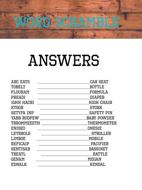 Word scramble answers Word Scramble With Answers, Baby Shower Games Funny, Baby Word Scramble Answers, Fellowship Ideas, Baby Shower Word Scramble, Easy Baby Shower, Easy Baby Shower Games, Baby Shower Camo, Modern Baby Shower Games