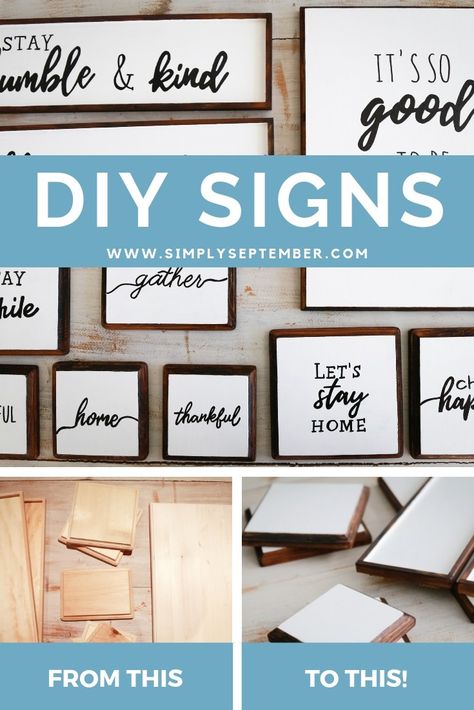 How to DIY Your Dream Farmhouse Wood Signs - Simply September Quotes For Signs Home, Diy Home Signs Farmhouse Style, Diy Wood Signs Ideas Words Wall Decor, Homemade Signs Wood Easy Diy, Small Sign Ideas, Cricut Stencils Diy Wood Signs, Farmhouse Kitchen Signs Diy, Diy Wood Signs Ideas, One Word Signs