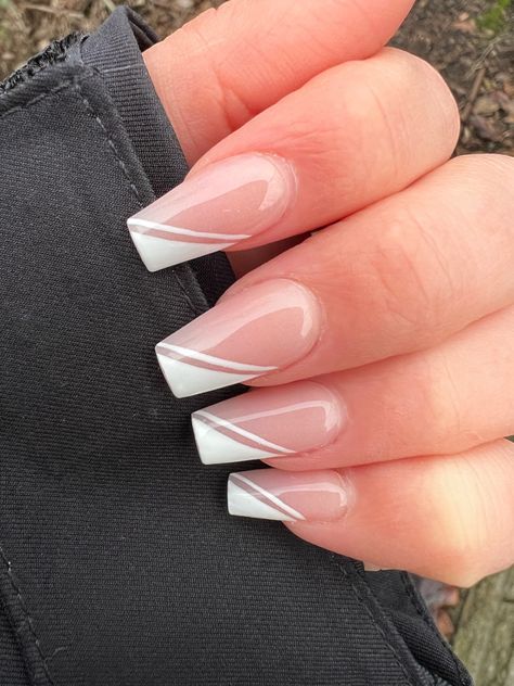 Pink And White Triangle French Tip Nails, Acrylic Nail Designs French Tip White, Square White Tip Nails With Design, Diaganol French Tip Nails, White Acrylic Nail Designs Coffin, Half White Tip Nails, Corner Tip Nails, Slanted White Tip Nails, Square Nails With White Lines