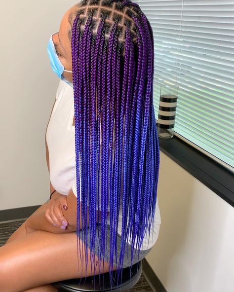 💛🖤Braids by Nastassja🖤💛 on Instagram: “💜💙Purple Rain💜💙 —————————————————————— •Medium KNOTLESS + Lower Back ———————————————————�——— •Braid Down: @_styledbykaylah…” Blue And Black Braids, Braids Medium, Medium Knotless, Lavender Hair Colors, Colored Box Braids, Purple Braids, Individual Braids, Short Box Braids Hairstyles, African Hair Braiding Styles