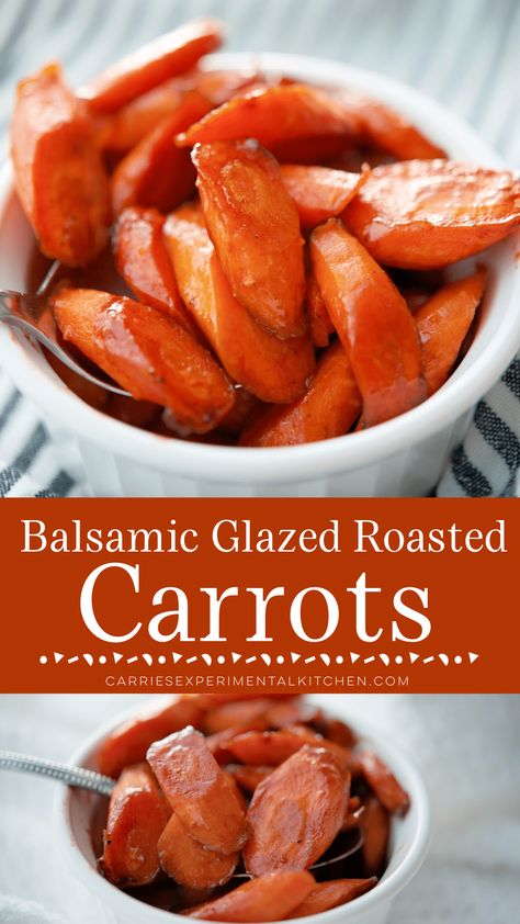 Fresh diced carrots tossed in a balsamic honey glaze; then roasted until golden brown and tender make a delicious vegetable side dish.  #carrots #vegetables Glazed Roasted Carrots, Balsamic Glazed Carrots, Balsamic Carrots, Balsamic Carrots Roasted, Veggie Side Dish Recipes, Mini Carrots, Vegetable Side Dish, Baked Carrots, Vegetable Side Dishes Recipes