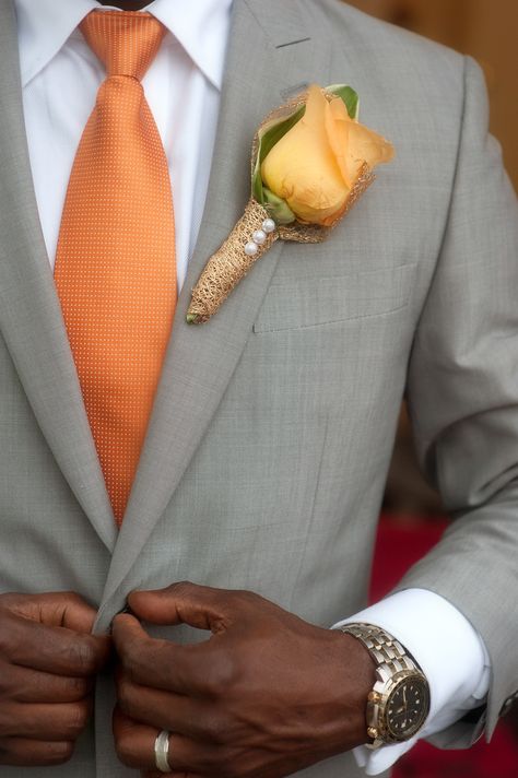 Suits With Orange Accents, Men’s Gray Suit Outfit, Grey And Orange Suit, Orange Tie Outfit Men, Grey Suit Orange Tie, Khaki Groom, Groom Attire Black, Grey Tux, Bride 2023