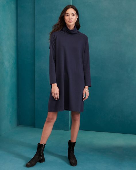 A cozy-cool dress with a boxy silhouette, a relaxed neckline, and sporty sleeves. Cast in a French terry knit that EILEEN FISHER calls "the Hug," it's polished outside and brushed inside for supreme softness.  By EILEEN FISHER exclusively for Garnet Hill. Boxy silhouette. Funnel neckline. Long raglan sleeves. USA. The Hug, Organic Cotton Dress, Garnet Hill, Funnel Neck, Eileen Fisher, Shop Dresses, Funnel, Made In The Usa, Raglan Sleeve