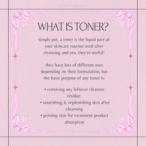 "what does toner actually do?" 🤔 I get this question aaall the time at my beauty retail job, and until I started esty school, I would usually reply with an apologetic "I'm not really sure" 😭 there are so many types of toners nowadays and the product has evolved a lot since the days of normally referring to using straight witch hazel, so imo it's valid to be confused 😵‍💫 toners, while not 100% necessary for everyone, can be a very beneficial part of a good skincare routine, so I wanted to d... When To Apply Toner To Face, Why Use Toner On Face, Facial Toner Benefits, What Does Toner Do, Toner Benefits, A Good Skincare Routine, Beauty Retail, Good Skincare Routine, Beginner Skin Care Routine