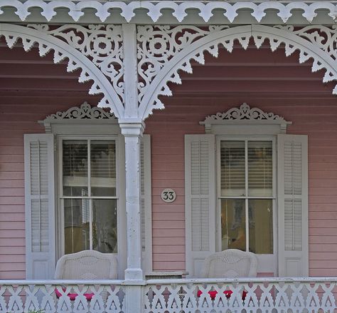 Explore Runemaker's photos on Flickr. Runemaker has uploaded 2061 photos to Flickr. Exterior Window Trim Ideas, Porch Trim, Gingerbread Trim, Victorian Windows, Victorian Porch, Victorian Exterior, House Trim, Window Trim Exterior, Pink Cottage