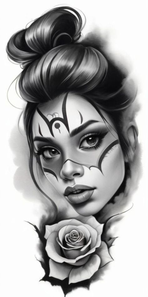 PAYASA GIRL FACE ROSE TATTOO DESIGN Face Rose Tattoo, Half Sleeve Tattoos Sketches, Lion Art Tattoo, Realistisches Tattoo, Chicano Tattoos Sleeve, Catrina Tattoo, Rose Drawing Tattoo, Mexican Art Tattoos, Chicano Lettering