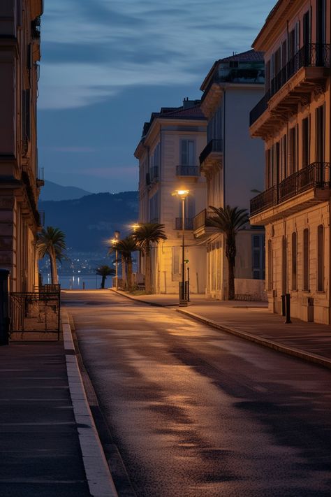 AI-created photo of a vacant street in the French Riviera during nighttime, with the sea visible in the distance. The French Riviera, French Chateau, Cote D’azur, Coastal Towns, The Quiet, French Riviera, Golden Age, Night Time, At Night