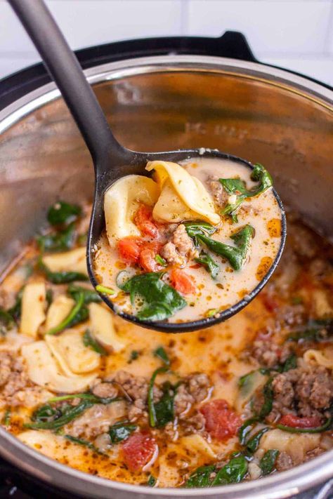 Instant Pot Tortellini Soup with Sausage Instapot Creamy Tortellini Soup, Sausage Potato Tortellini Soup, Instant Pot Tortellini Soup Sausage, Instant Pot Sausage Tortellini Soup, Tortellini Sausage Soup Crockpot, Sausage Tortellini Soup Instant Pot, Sausage Dinner Recipes Healthy, Soup With Sausage And Spinach, Instant Pot Tortellini Soup