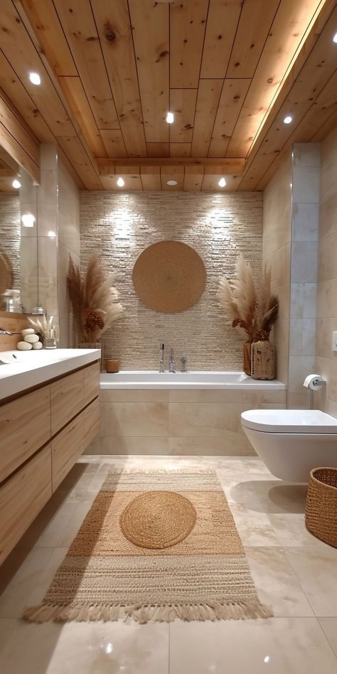 Bathroom Wood Wall Ideas, Wood On Bathroom Ceiling, Big Washroom Design, Bathroom Feature Tile, Bathroom Styles 2024, Upscale Bathroom Ideas, Grey And Wood Bathroom Ideas, Diy Home Renovations On A Budget, Bathroom Nature Theme