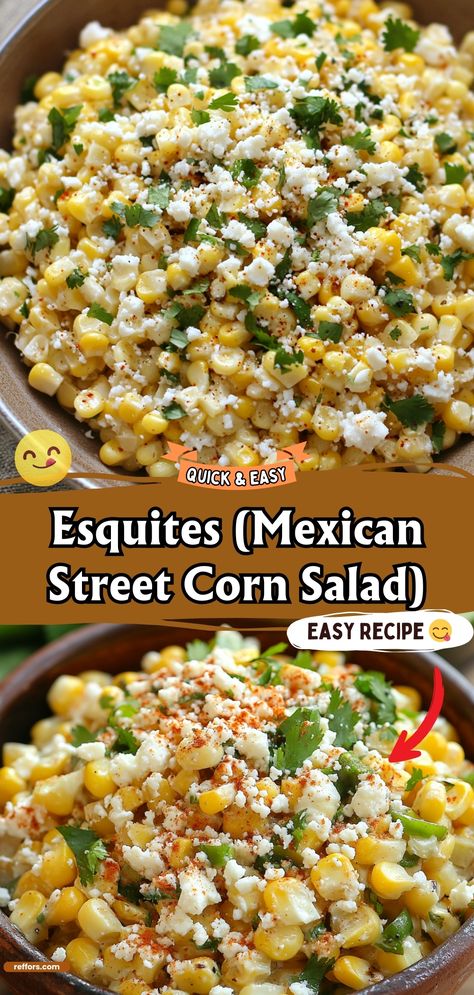 Experience the zesty and creamy goodness of Esquites, a Mexican Street Corn Salad that's bursting with flavors of lime, cotija cheese, and a touch of chili. A perfect side for any fiesta! #MexicanStreetCorn #Esquites #FiestaFlavors Cojita Corn Salad, Cotija Corn Salad, Tostada Sides, Mexican Party Side Dishes, Easy Street Corn Salad, Cojito Cheese Recipes, Authentic Mexican Side Dishes, Recipes With Cotija Cheese, Mexican Thanksgiving Side Dishes