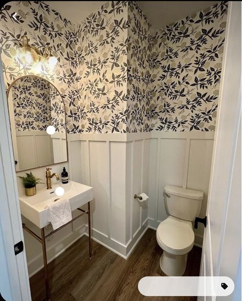 Wallpaper Above Board And Batten, Small Bathroom Wainscoting Ideas, Board And Batten Bathroom, Bathroom Wainscoting Ideas, Batten Bathroom, No Wallpaper, Bathroom Wainscoting, Small Bathroom Wallpaper, Half Bath Remodel