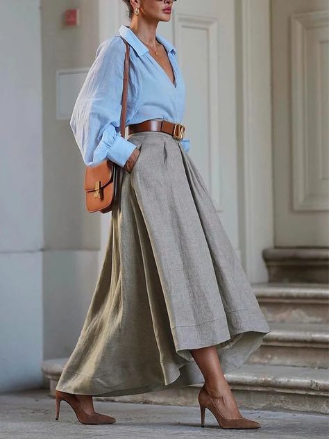 Elegant Regular Fit Plain Midi Skirt A Line Long Skirt Outfits, Midi Skirts Ideas, Summer Skirt Fits, Elegant Long Skirt Outfits, Long Skirt Ideas Outfits, Modest Professional Outfits Women, Long Skirt Outfits Elegant, Creative Office Outfit, Long Linen Skirt Outfit