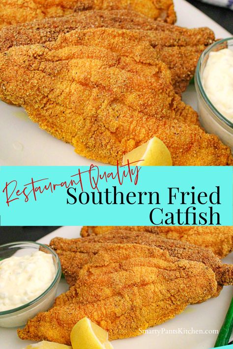 Catfish filets on white plate garnished with lemons Fried Catfish Recipe, Fried Catfish Recipes, Catfish Recipe, Southern Fried Catfish, Salmon Recipes Baked, Seafood Dish Recipes, Catfish Recipes, Fish Dinner Recipes, Southern Recipes Soul Food