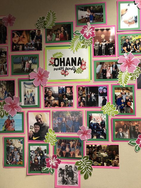 Family Picture Bulletin Board Ideas Preschool, Inspirational Wall Classroom, Proud Family Classroom Theme, Disney Theme School Decorations, Disney Themed Daycare Room, Themes For Infant Classroom, Family Picture Board Classroom, Ohana Means Family Bulletin Board, Lilo And Stitch Room Decor Ideas