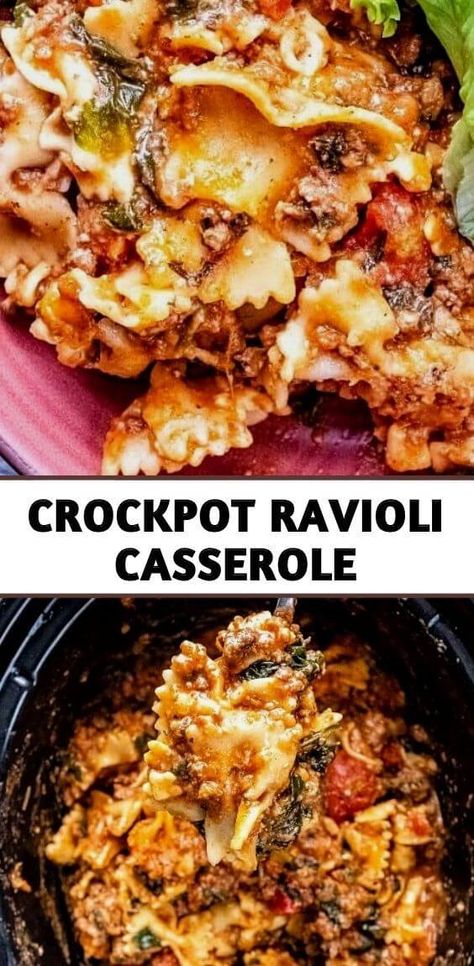 CROCKPOT RAVIOLI CASSEROLE Easy Crockpot Ravioli, Crockpot Ravioli Casserole, Stewed Tomato Recipes, Recipes With Diced Tomatoes, Ground Beef And Spinach, Crockpot Ravioli, Ravioli Casserole, Slow Cooker Pasta Recipes, Best Crockpot