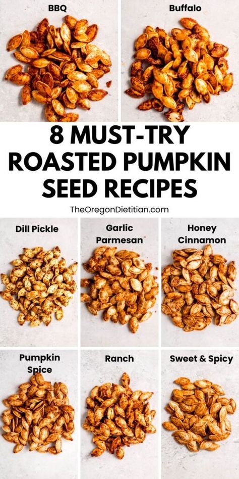 Want a healthy, crunchy snack this fall? You must try these deliciously crispy roasted pumpkin seeds! This easy step-by-step recipe with 8 different flavors shows you how to achieve that perfect golden crunch every time. Whether you're snacking or topping your salads, these roasted pumpkin seeds are a must-try fall favorite! #fallsnacks #roastedpumpkinseeds Pumpkin Seeds Roasted Recipes, Best Ever Roasted Pumpkin Seeds, Different Flavors Of Pumpkin Seeds, Crispy Pumpkin Seeds, How Do You Make Pumpkin Seeds, Flavored Roasted Pumpkin Seeds, Pumpkins Seeds Roasted, Flavored Pumpkin Seed Recipes, Homemade Roasted Pumpkin Seeds