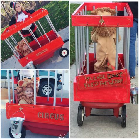 DIY Halloween baby toddler lion costume circus wagon cage ringmaster homemade wood pvc pipe Diy Halloween Baby, Circus Diy, Wagon Costume, Circus Halloween Costumes, Circus Wagon, First Halloween Costumes, Twin Halloween, Halloween Infantil