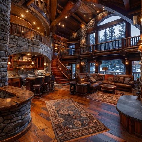 Timber House Interior Design, Rustic Home Interiors Living Room, Luxury Log Cabin Interior, Big Cabin Houses, Log Cabin Basement, Old House Aesthetic Interior, Luxury Cabin Homes, Cool Home Features, Log Mansion