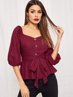 Casual Peplum Top, Peplum Top Outfits, Belted Top, Tops Dress, Peplum Tops, Fancy Tops, Fashion Tops Blouse, Trendy Fashion Tops, Ruffled Top