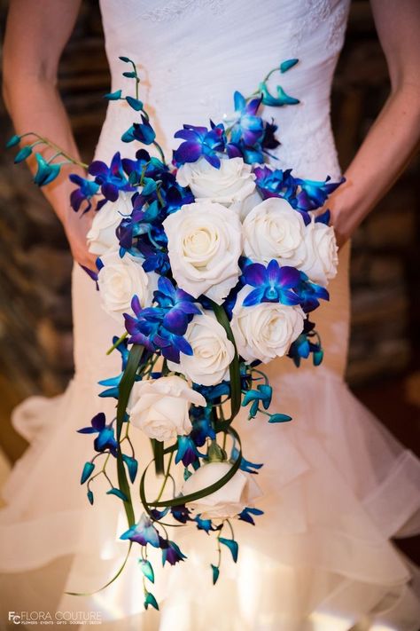 Blue And Purple Orchid Wedding, Royal Blue And Purple Bouquet, Galaxy Bouquet Bridal, Blue And Purple Bouquet Wedding, Royal Blue And Purple Wedding Theme Color Schemes, Purple Blue And White Wedding, Blue And Purple Wedding Decorations, Royal Blue And Purple Wedding Theme, Blue And Purple Bouquet