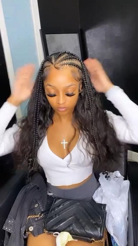 Hairstyle With Braids Straight Hair, Braids Then Curly Hair, Braids With Hair Out In The Back, Braids With Curly Leave Out, Braid With Leave Out, Half Braids Curly Hair, Weave With Braids On Top, Funali Braids With Weave, Braided Leave Out