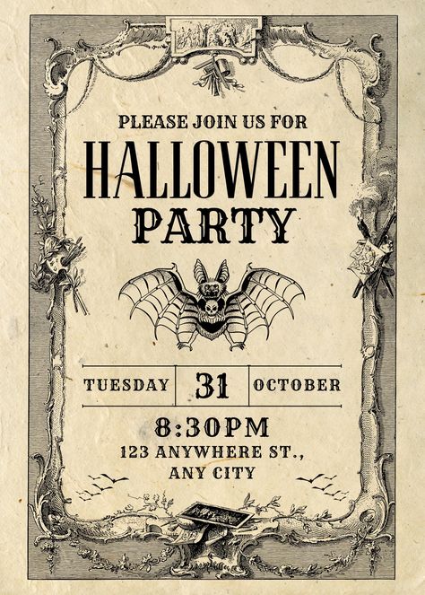 Halloween Party Editable Template. Whether you would like this to be a digital invitation or a physical one, this template has everything you need for a spooky Halloween party. By purchasing, you understand this is a digital file. You will be send a PDF, which contains the link to edit and send out this Invitation. Be the talk of your friends, and throw the best Halloween party yet, by starting off with this invitation. Vintage Halloween Party Invitations, Vintage Halloween Invitations, Adult Halloween Invitations, Spooky Dinner, Halloween Invitation Template, Halloween Party Dinner, Invitation Halloween, Halloween Templates, Cute Birthday Ideas