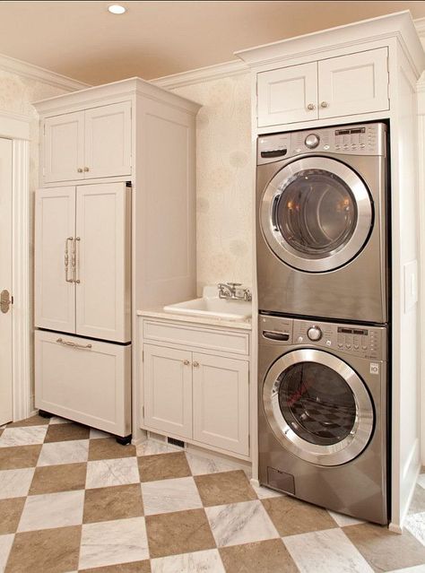 laundry room with extra refrigerator - Google Search Traditional Laundry Room, Laundry Room Tile, Laundry Room Storage Shelves, Laundry Room/mud Room, Small Laundry Room Organization, Room Storage Diy, Stackable Washer And Dryer, Basement Laundry, Mudroom Laundry Room