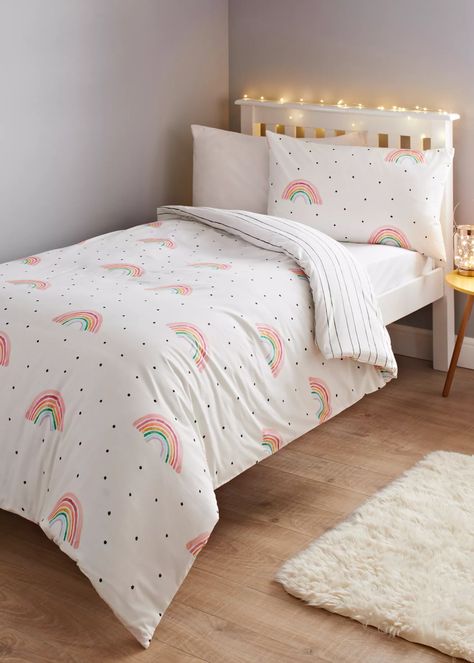 Kids 100% Cotton Rainbow Duvet Cover (Single) – Pink – Matalan Aurora Bedroom, Girls Rainbow Bedroom, Bed For Girls Room, Rainbow Bedroom, Rainbow Bedding, Big Girl Bedrooms, Toddler Girl Room, Rainbow Room, Dekorasi Kamar Tidur