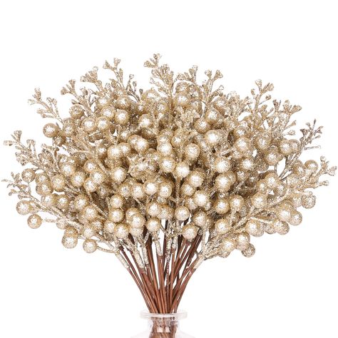 PRICES MAY VARY. 【36 Pack Glitter Christmas Berries Stems】- Package includes 36 champagne Christmas glitter berry stems and each stem with 15 giltter berries. Berry diameter approx. 0.47inch, stems length approx. 24cm/9.5inch. You can use the artificial berries stems match to decorate your party, home, wedding, holiday, the perfect size and sparkling color makes your places more vivid. 【Vivid & Lifelike Design】- The artificial glitter berries stems ornaments with bright colors, all the artificia Champagne Christmas Tree Topper, Green Decoration Christmas Tree, Champagne Color Christmas Tree, Happy Birthday Jesus Decorations, Red And Emerald Green Christmas Tree, Gold And Silver Tree Christmas, Rustic Theme Christmas Tree, Decorated Trees Christmas, Ornament Centerpieces Christmas