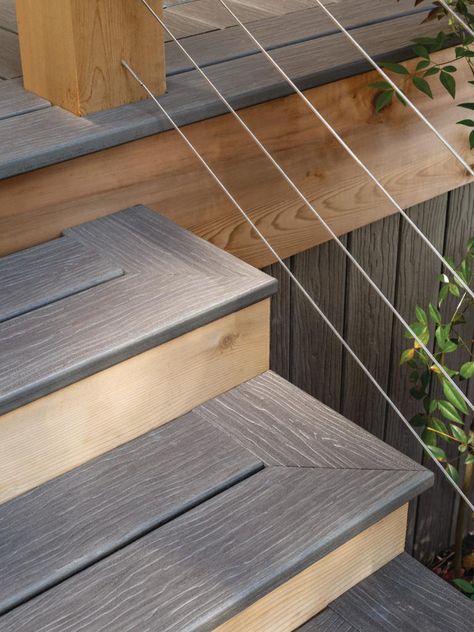 Deck Stair Design Ideas, How To Build Composite Deck Stairs, Boat Dock Storage Closet Ideas, Composite Stairs To Patio, Diy Composite Deck, Trex Deck Stairs, Composite Steps, Deck Steps Ideas, Trex Steps