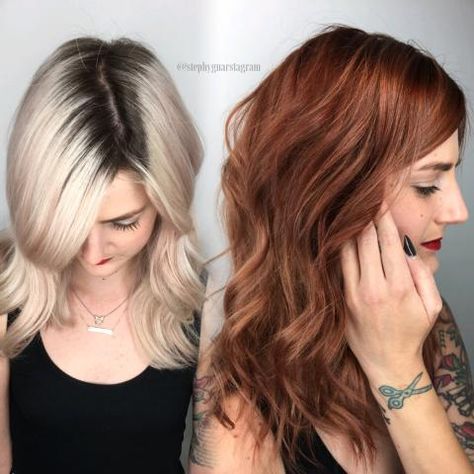 Stephany Huizing-Smith (@stephygnarstagram), Creative director and Senior stylist at Parlour e.lev.en (@parlour.eleven), Huntington Beach, CA, shares details on this lovely makeover we found on Instagram: The Story: A friend of mine from a couple years ago, also a stylist, reached out to me wanting a  color change. This is huge for her because she has always been platinum blonde (since I've known her). She sent me a couple photos with level/tone ideas, but for the most part, gave me creative... Dimensional Copper, Bobbed Hairstyles, Blonde To Red, Color Melting Hair, Perfect Blonde Hair, Hair Colouring, Round Hair Brush, Hair Color Burgundy, Bright Red Hair