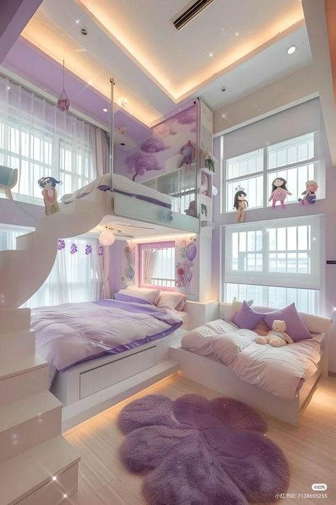 Cute Room Ideas Aesthetic Bunk Beds, Room Ideas Aesthetic Purple And White, Purple Aesthetic Furniture, Room Ideas Purple Aesthetic, Purple Room Ideas Aesthetic, Pool In Bedroom, Awesome Bedrooms Dream Rooms, Fancy Room Ideas, House Goals Interior