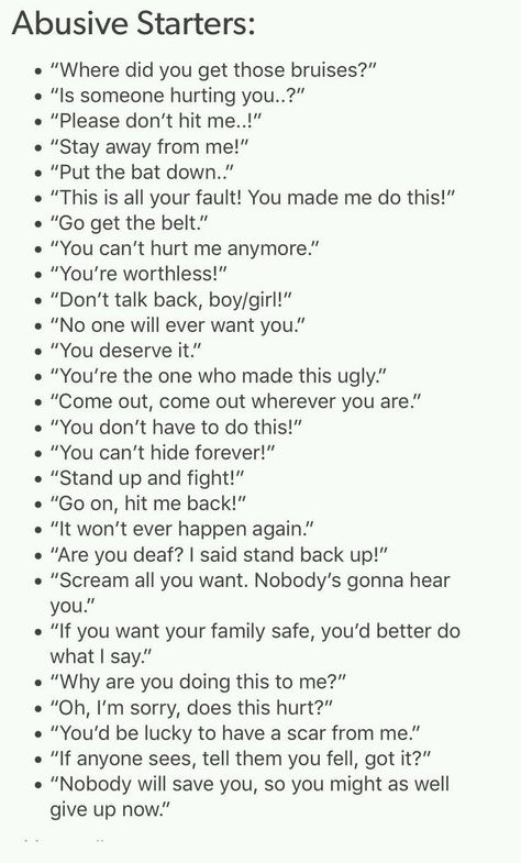 Mentor Writing Prompts, Writing An Insane Character, How To Write Side Characters, Sentence Prompts Writing Ideas, Situations To Put Your Characters In, Found Family Dialogue Prompts, Starter Writing Prompts, Scary Words For Writing, How To Write An Abused Character