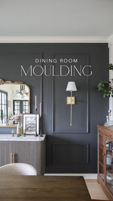 Moulding Accent Wall Dining Room, Paneled Accent Wall Dining Room, Moody Gray Dining Room, Moulding In Dining Room, Dark Wall Dining Room Ideas, Contemporary Traditional Dining Room, Dining Room Wall Trim Design, Dining Room All One Color, Navy Dining Room Accent Wall