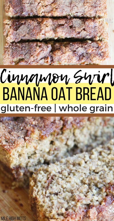 This easy, healthy Banana Bread Recipe is a spin on the classic, with a cinnamon swirl in the middle and cinnamon sugar sprinkled on top. Gluten-free, whole grain, flourless, and made with only 1/4 cup of sugar! This Cinnamon Swirl Banana Oat Bread is the perfect breakfast or snack. Gluten Free Zucchini Banana Bread, Easy Healthy Banana Bread, Banana Bread Healthy Easy, Banana Oat Bread, Cinnamon Swirl Banana Bread, Healthy Banana Bread Recipe, Oat Bread, Zucchini Banana Bread, Banana Bread Recipe Healthy