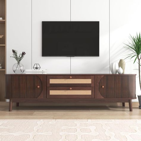 BTM TV Stand Cabinet, TV Cabinet with Doors and Drawers, TV Unit with Faux Rattan, Natural Walnut Color Mixed, 170x40x46cm Farmhouse Media Console, Curved Tv Stand, Rattan Tv Stand, North Ireland, Modern Media Console, Tv Stand Cabinet, Wooden Construction, Organized Storage, Solid Wood Doors