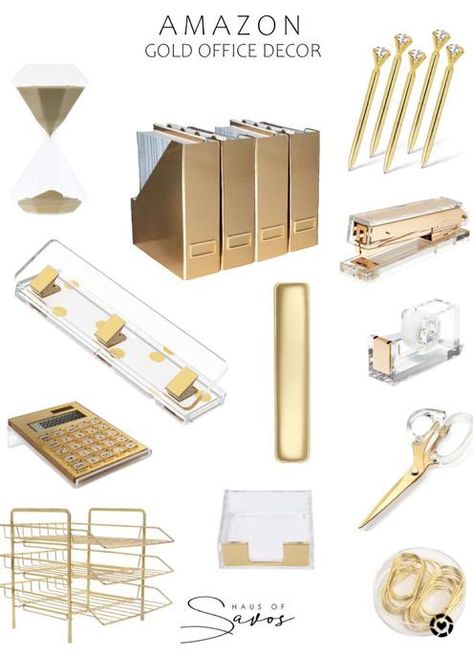 Black And Gold Office, White Gold Office, Gold Office Desk, Gold Home Office, Gold Office Accessories, Gold Office Supplies, Gold Desk Accessories, Office Upgrade, White Office Decor