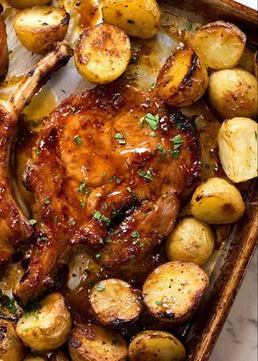 Overhead photo of Oven Baked Pork Chops, fresh out of the oven Baked Pork Chops With Potatoes, Pork Chops With Potatoes, Oven Pork Chops, Pork Chop Recipes Crockpot, Baked Pork Chops Oven, Pork Chops And Potatoes, Easy Pork Chops, Easy Pork Chop Recipes, Pork Chop Recipes Baked